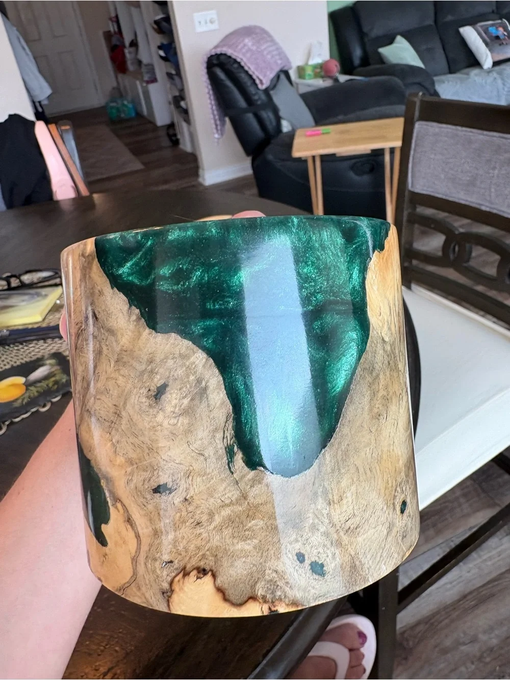 Handcrafted Wood and Emerald Resin Decorative Vase - Green Accent